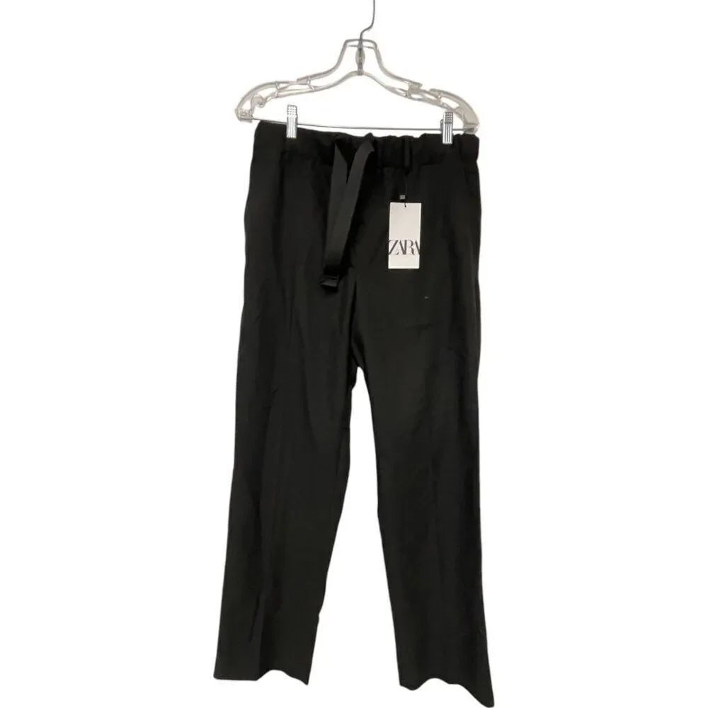 Zara Womens Drawstring Pants M Black Polyester Flat Front Mid Rise NWT
